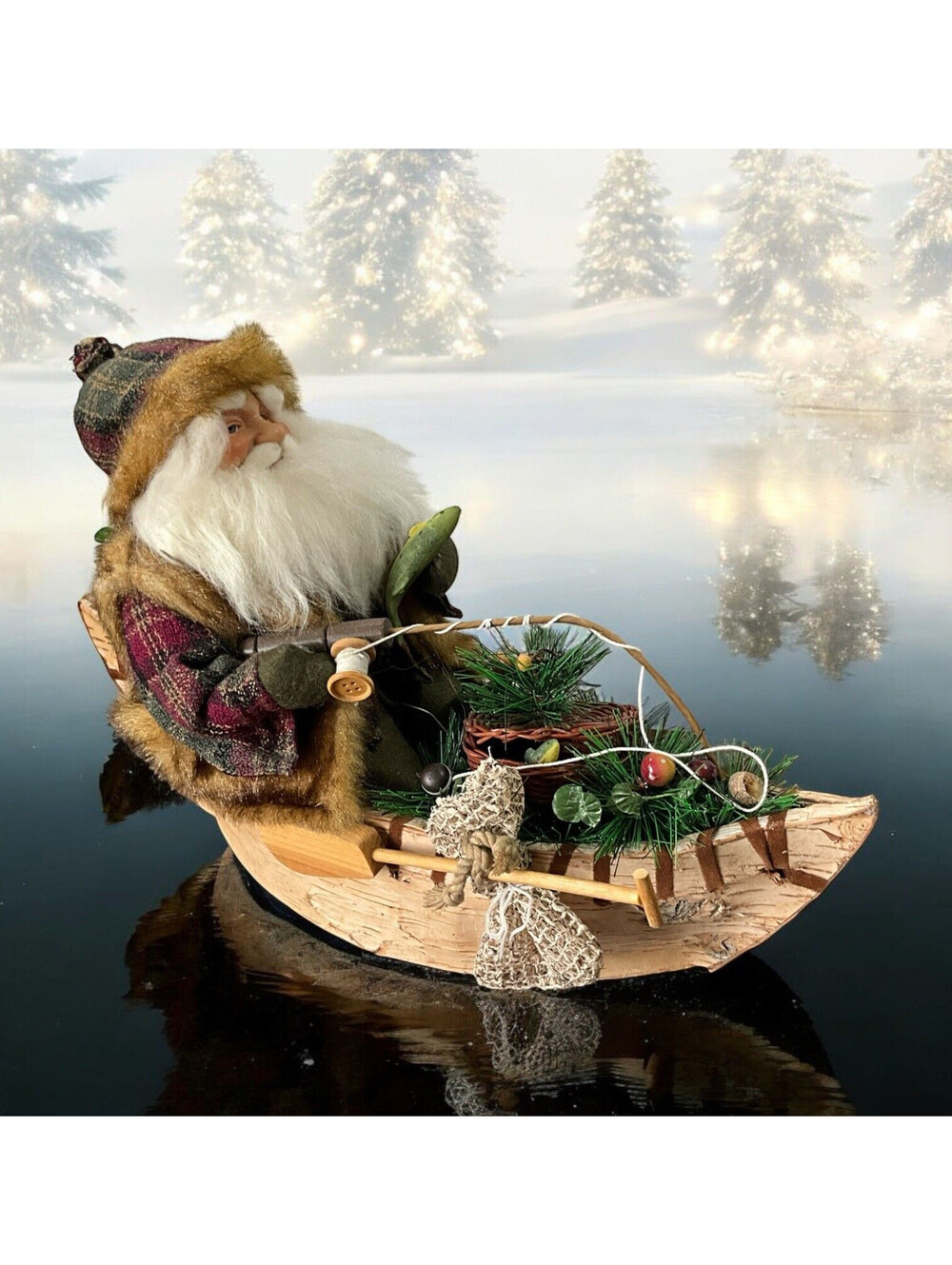 Santa Claus Wilderness Fishing Birch Bark Canoe 18” Rustic Christmas Folk Art